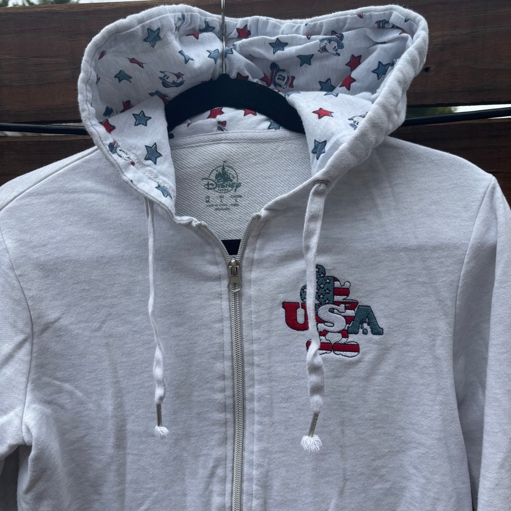 Disney Parks Zip Hoodie Women Medium Gray USA Mickey Minnie Mouse Excellent